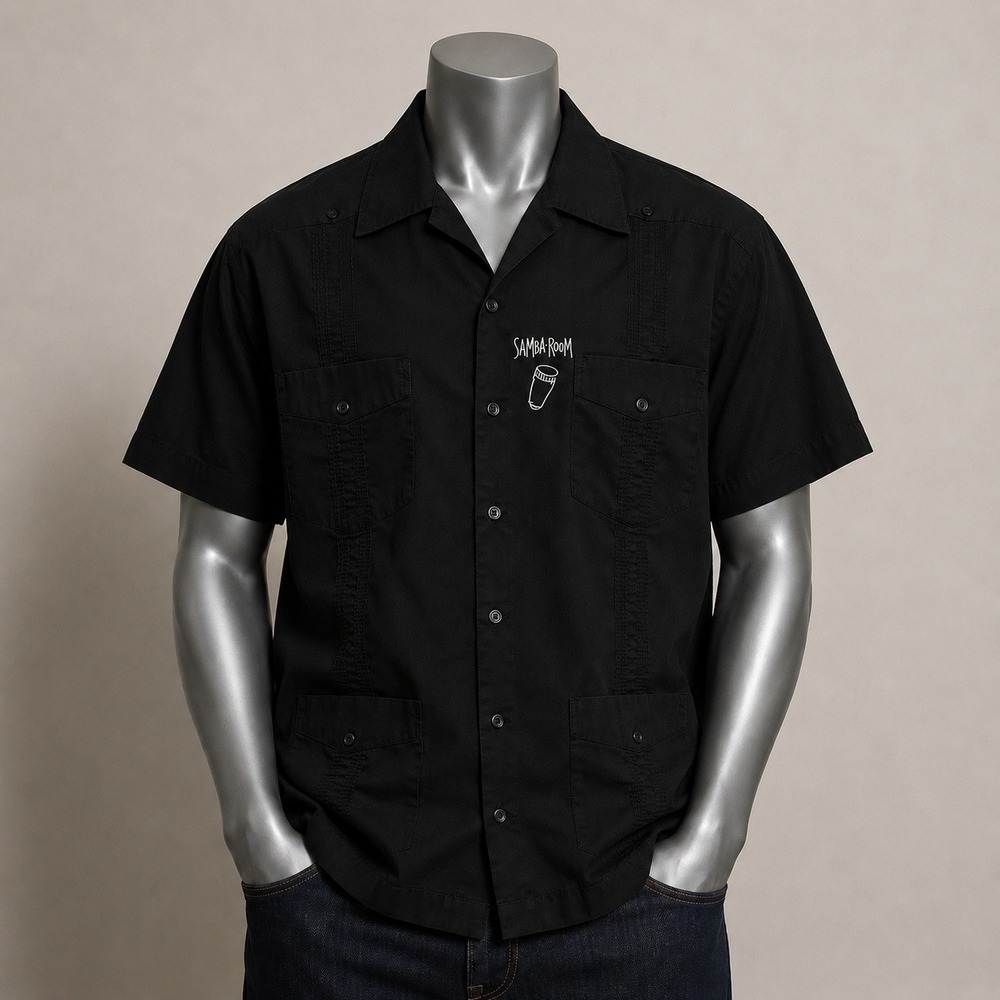JA Mens Black Guayabera Shirt Short Sleeve Samba Room Embroidered Size L